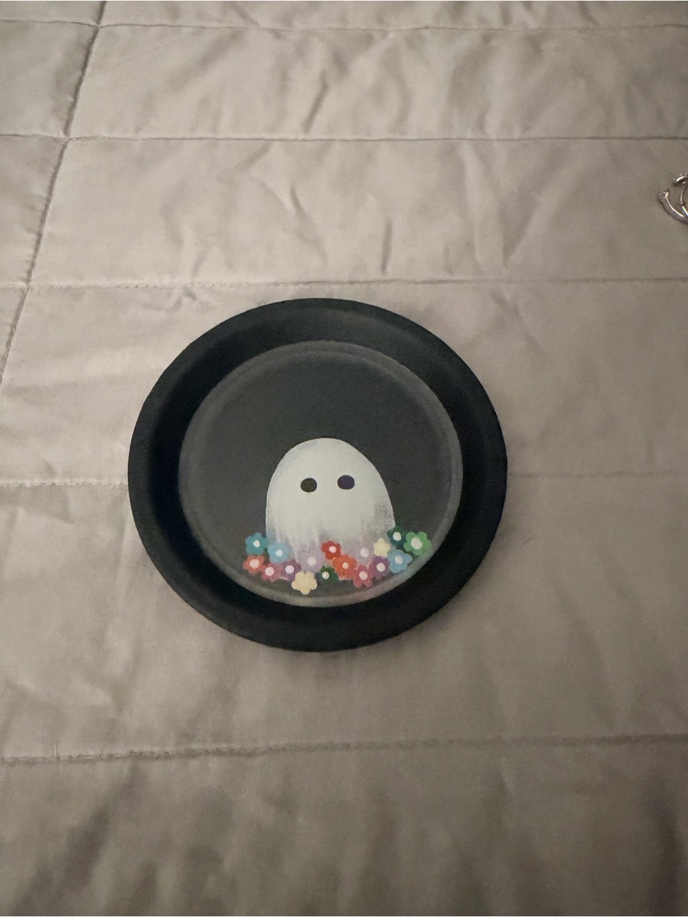 Hand-Painted Ghost Trinket Dish in Black with Colorful Flowers